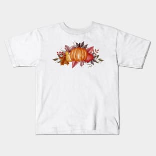 Watercolor Fall Design with Pumpkin and Leaves Kids T-Shirt